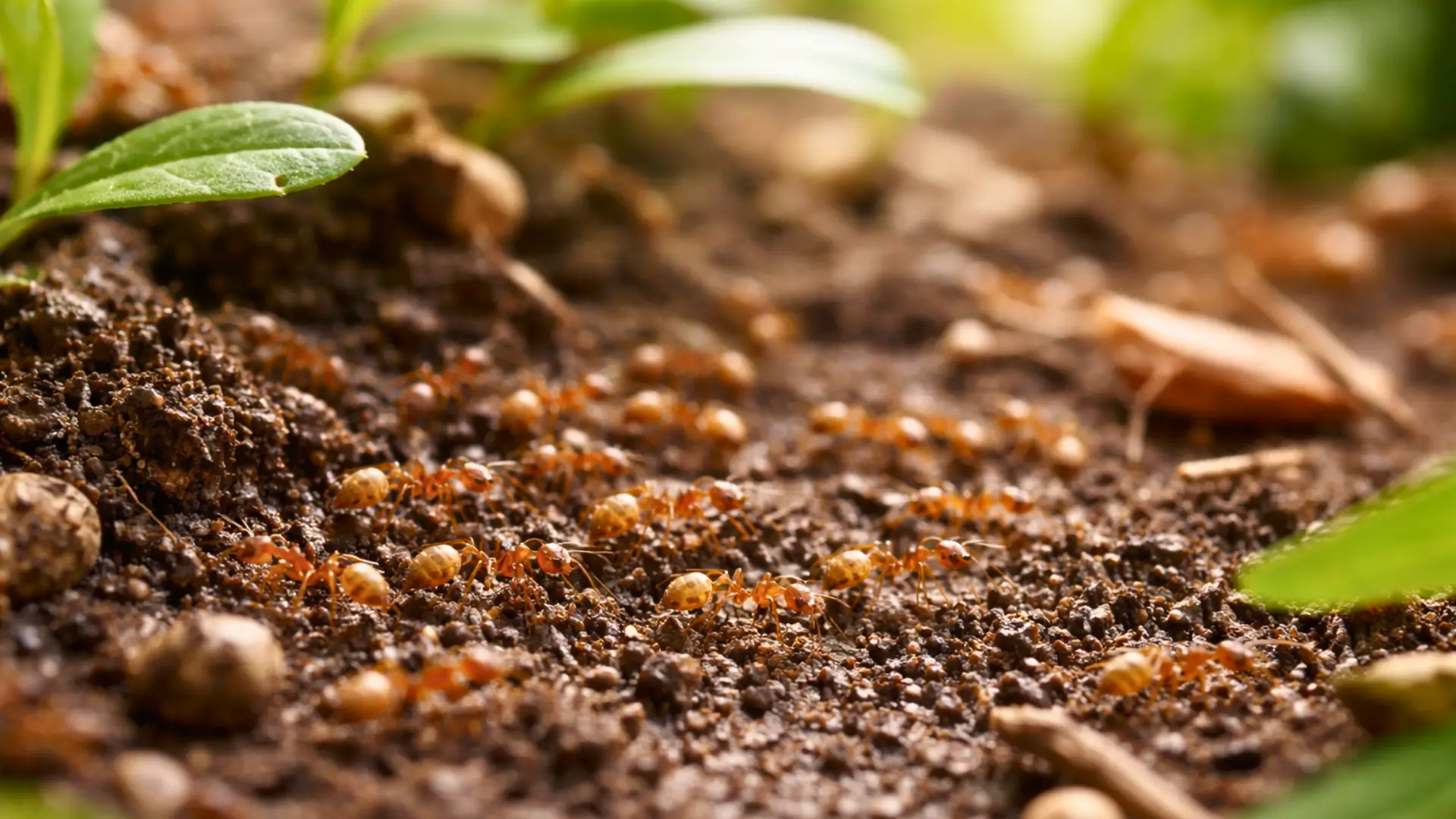 Colonie de fourmis électriques se déplaçant sur le sol dans un environnement naturel