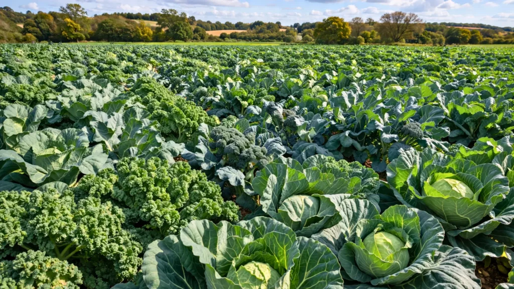 Champ de choux et de brassicacées en culture agricole sous ciel dégagé