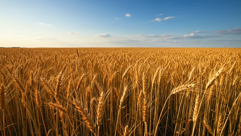 Champ de blé doré sous ciel bleu avec épis mûrs à perte de vue