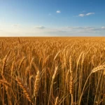 Champ de blé doré sous ciel bleu avec épis mûrs à perte de vue
