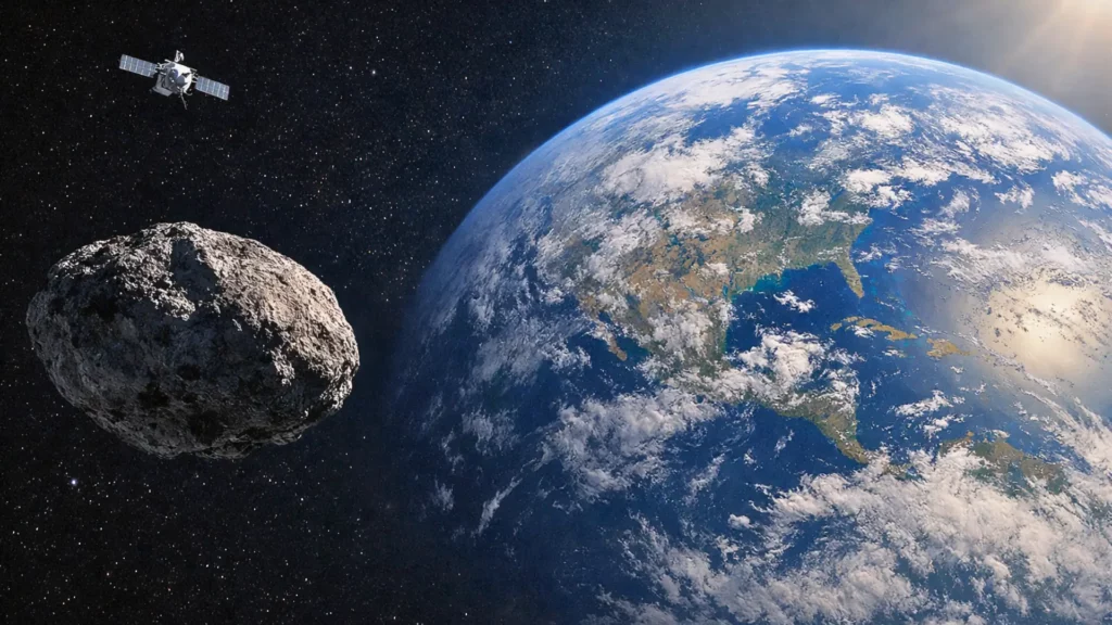 Astéroïde rocheux passant à proximité de la Terre avec un satellite en orbite dans l’espace