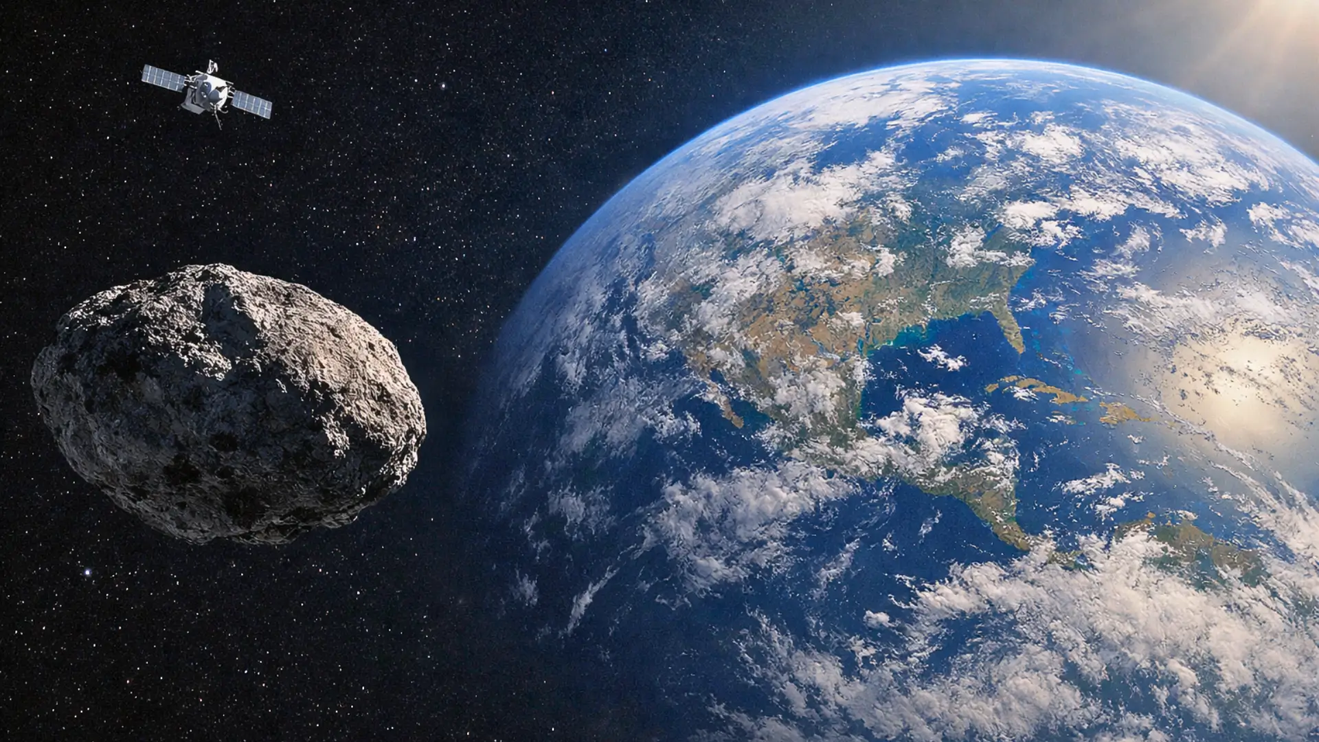 Astéroïde rocheux passant à proximité de la Terre avec un satellite en orbite dans l’espace