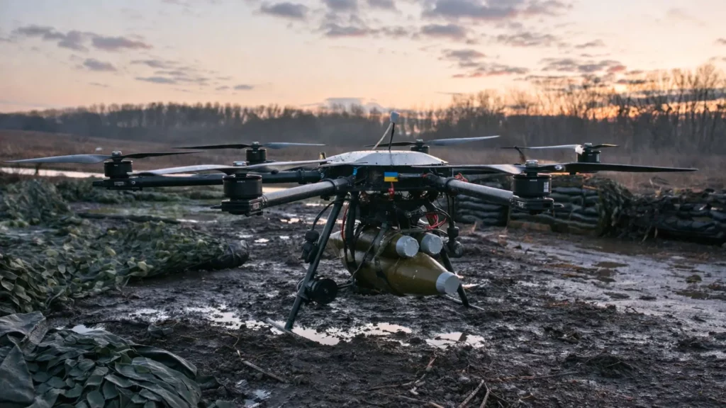 Un lourd drone hexacoptère militaire ukrainien est posé dans une position de front boueuse à l’aube, avec des munitions visibles sous sa structure.