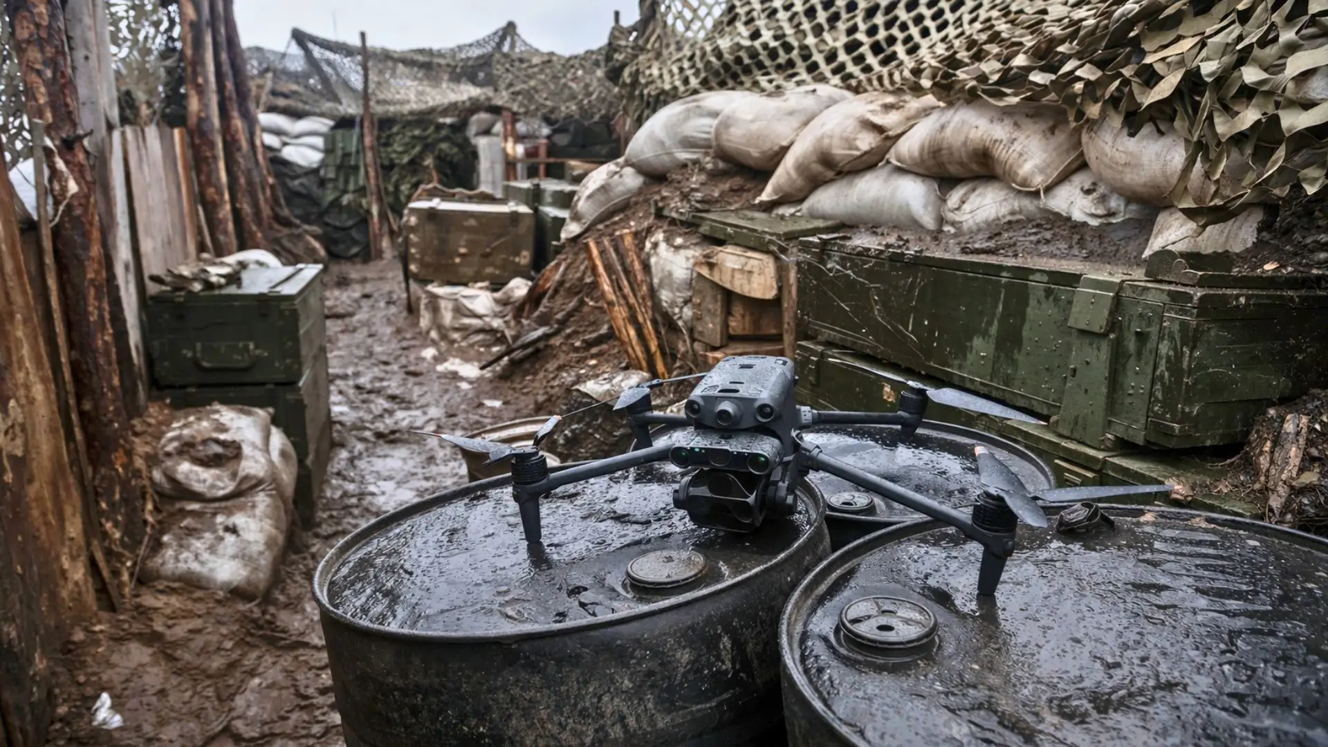 Un drone quadricoptère militaire repose sur des fûts métalliques sombres dans une tranchée boueuse fortifiée, au milieu de sacs de sable et de caisses.
