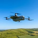 Un drone militaire gris de forme angulaire avec quatre rotors en mouvement, volant dans un ciel bleu clair au-dessus d'un paysage de collines vertes.