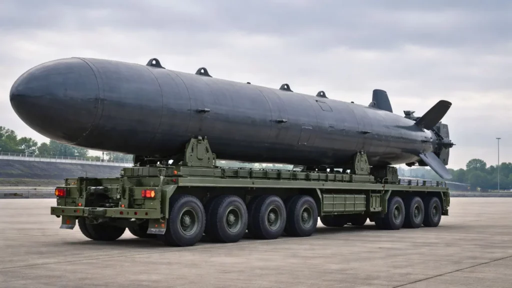 Un drone sous-marin autonome en forme de torpille repose sur un véhicule de transport militaire, sur une vaste esplanade en béton sous un ciel couvert.
