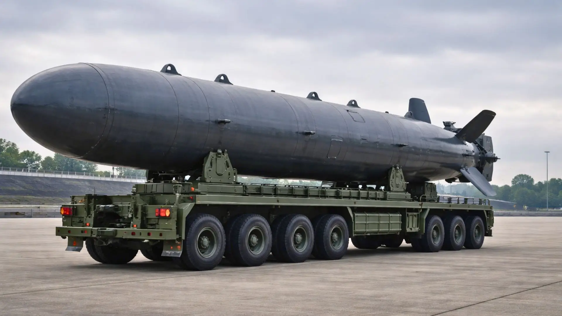 Un drone sous-marin autonome en forme de torpille repose sur un véhicule de transport militaire, sur une vaste esplanade en béton sous un ciel couvert.