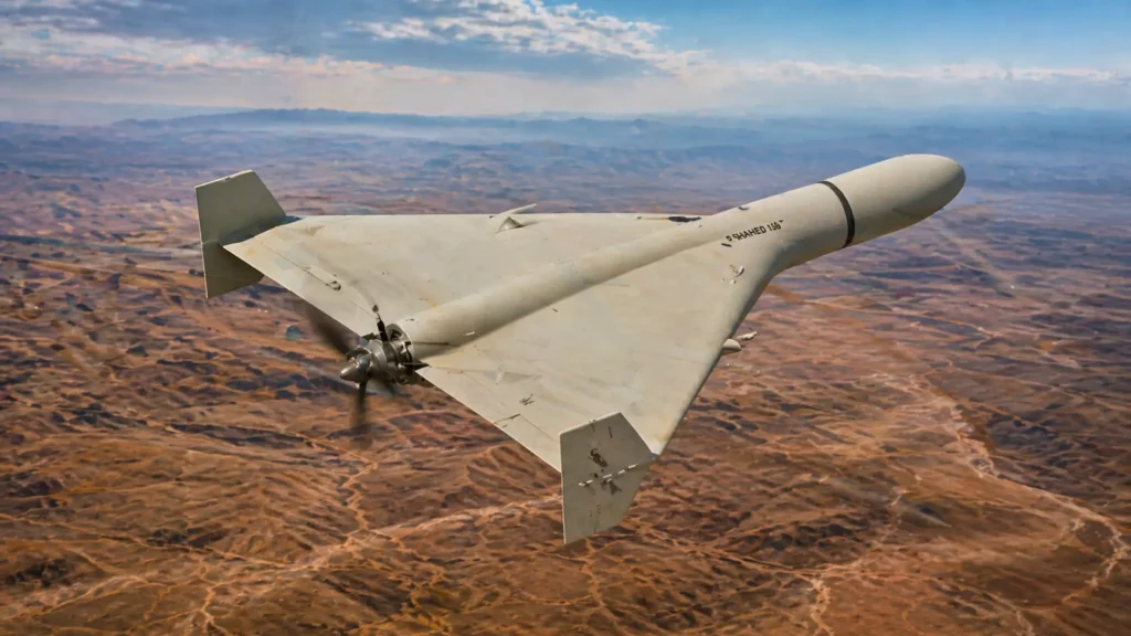 Drone Shahed-136 iranien en vol au-dessus d’un désert vu de haut