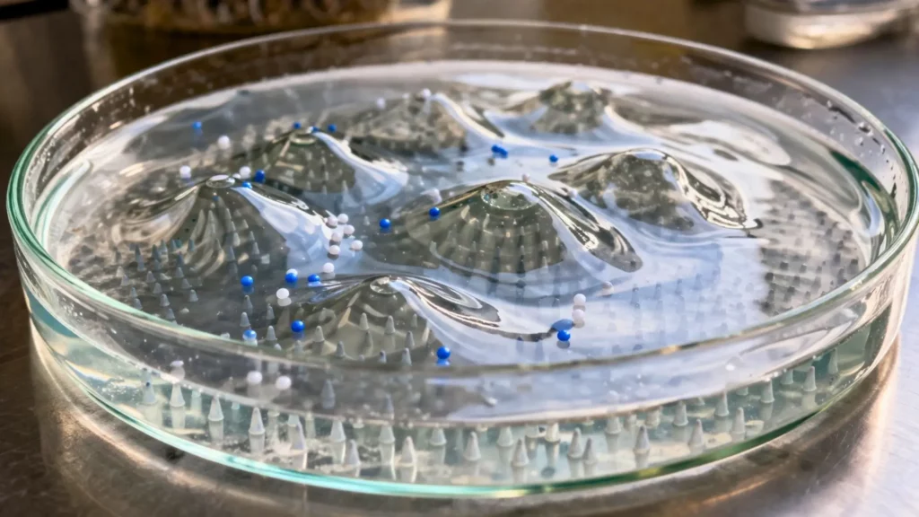 Une boîte de Petri remplie d’eau montre une surface déformée en reliefs liquides, guidant de petites particules flottantes dans un décor de laboratoire épuré.