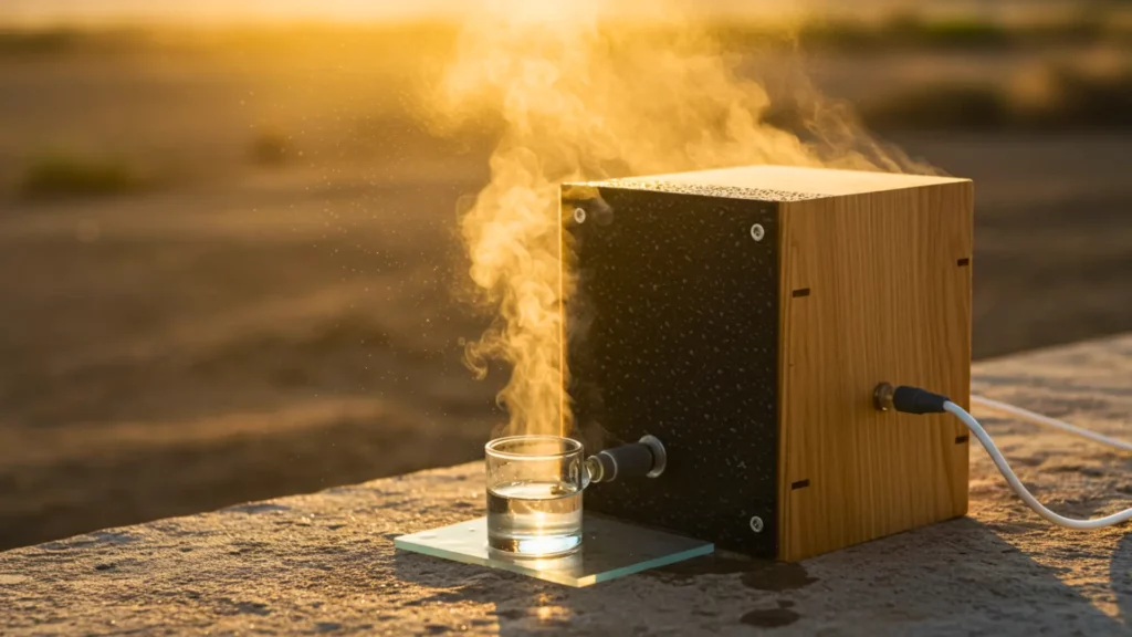 cube de bois produisant de l’eau potable à partir de l’air grâce à l’énergie solaire