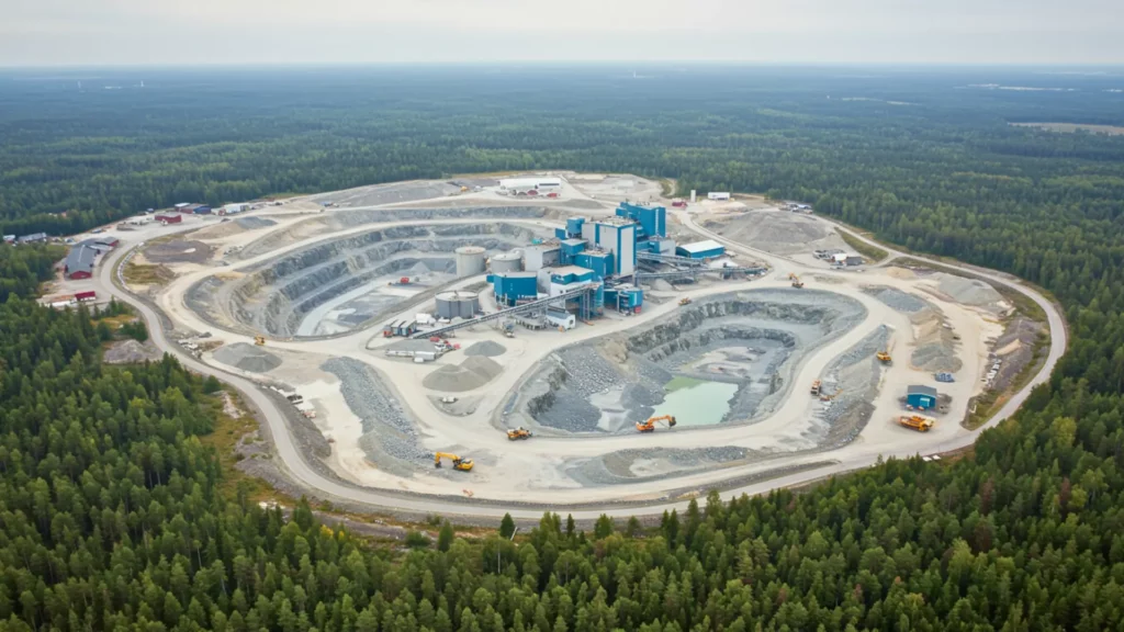Vue aérienne d’une mine de lithium à ciel ouvert en Finlande entourée de forêt