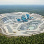 Vue aérienne d’une mine de lithium à ciel ouvert en Finlande entourée de forêt