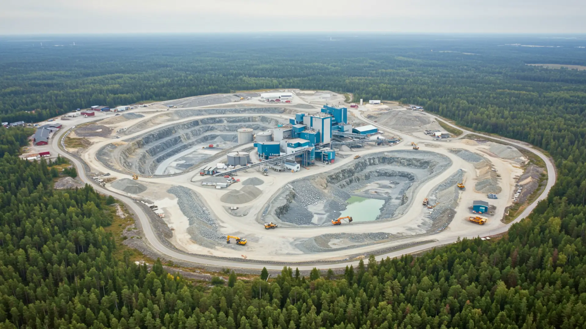 Vue aérienne d’une mine de lithium à ciel ouvert en Finlande entourée de forêt