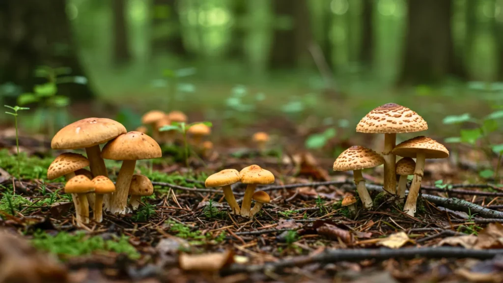 Champignons poussant sur le sol d’une forêt humide avec mousse et feuilles
