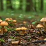 Champignons poussant sur le sol d’une forêt humide avec mousse et feuilles