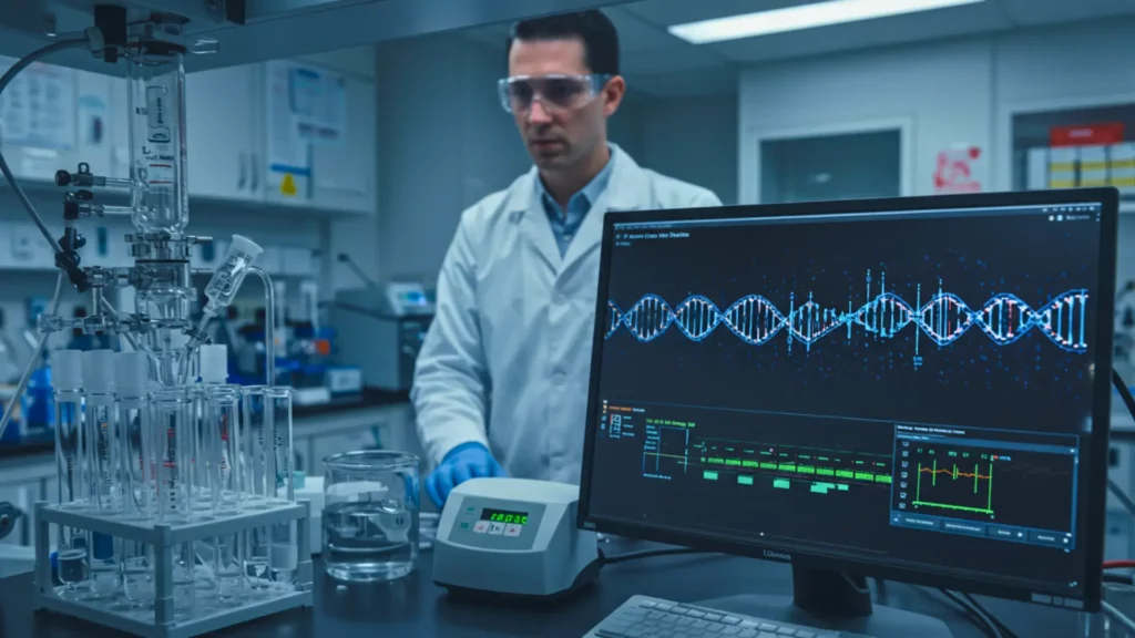 Scientifique en laboratoire analysant la synthèse d’ADN sur écran avec des équipements de biotechnologie