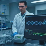Scientifique en laboratoire analysant la synthèse d’ADN sur écran avec des équipements de biotechnologie