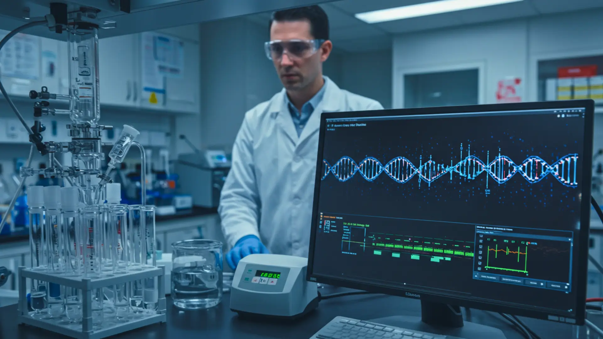 Scientifique en laboratoire analysant la synthèse d’ADN sur écran avec des équipements de biotechnologie