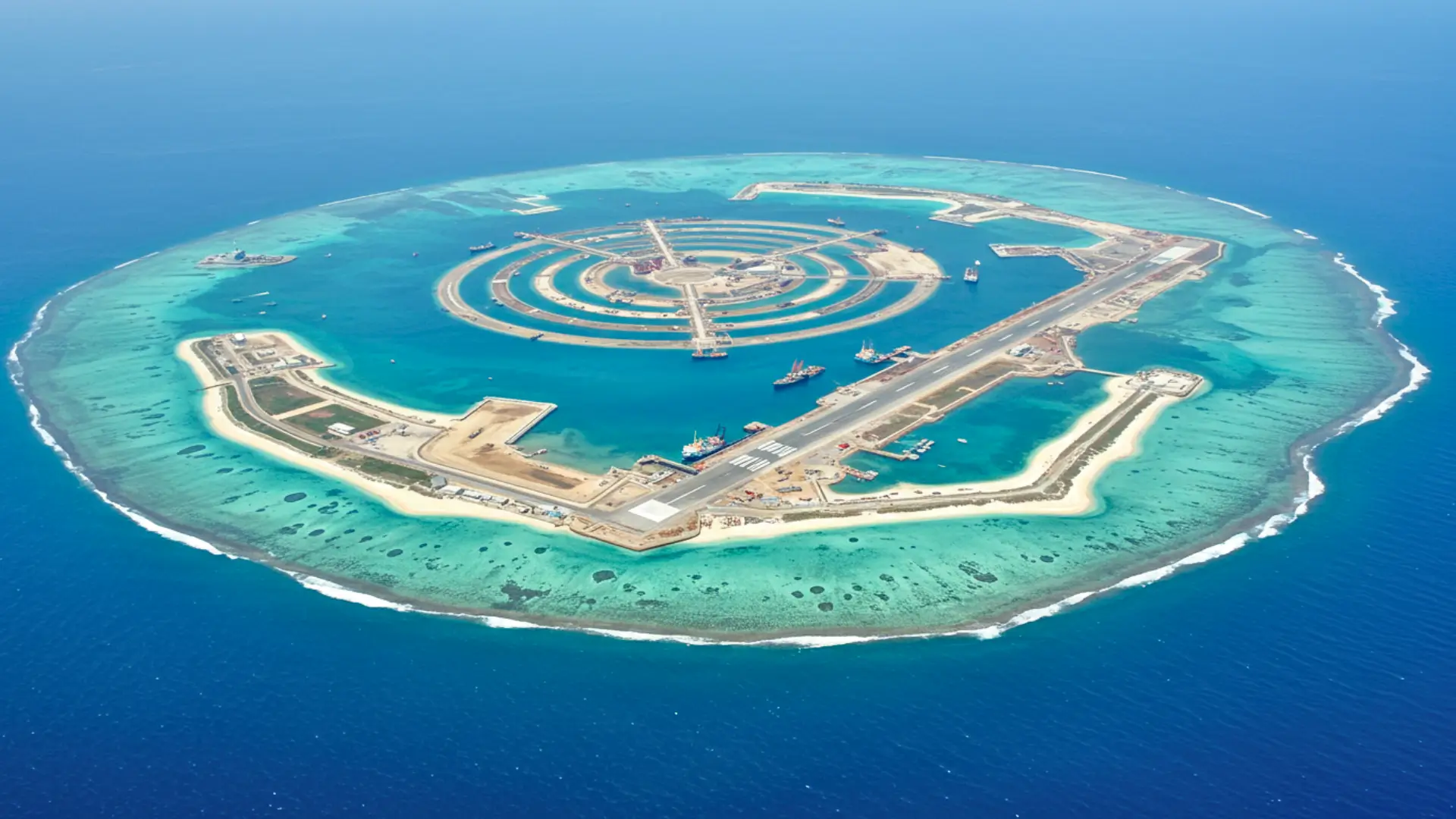 Île artificielle chinoise avec piste d’atterrissage construite sur un récif en mer de Chine méridionale