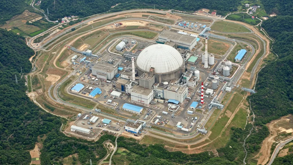 Vue aérienne d’un complexe nucléaire avec un grand dôme et des installations industrielles dans une zone rurale du Sichuan en Chine
