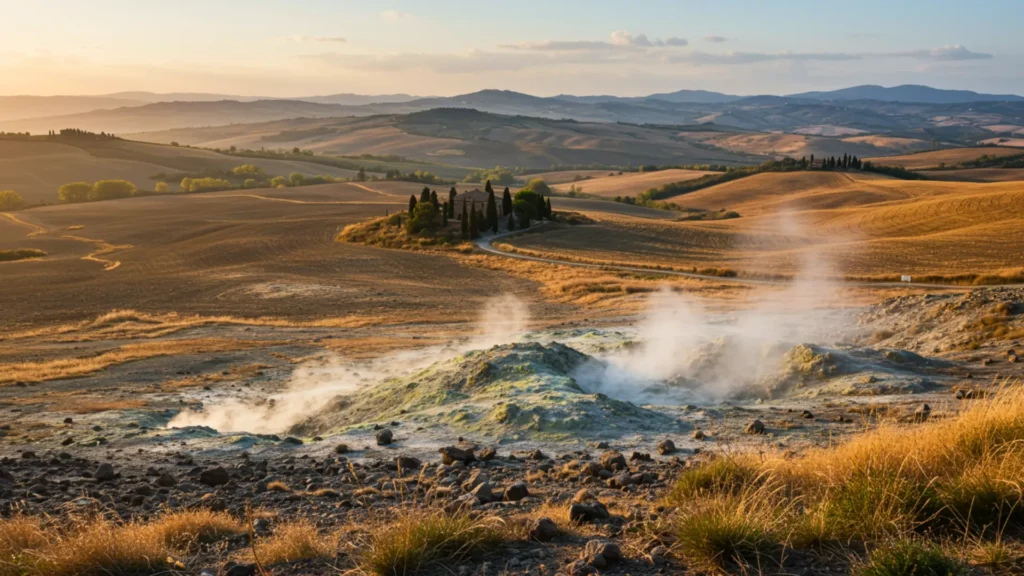Fumerolles géothermiques dans les collines de Toscane avec paysage vallonné en arrière-plan