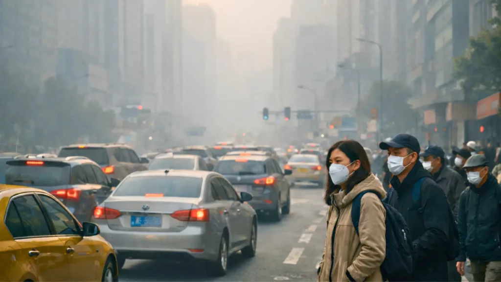 Rue urbaine en Chine fortement polluée avec embouteillages et piétons portant des masques dans le smog