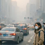 Rue urbaine en Chine fortement polluée avec embouteillages et piétons portant des masques dans le smog
