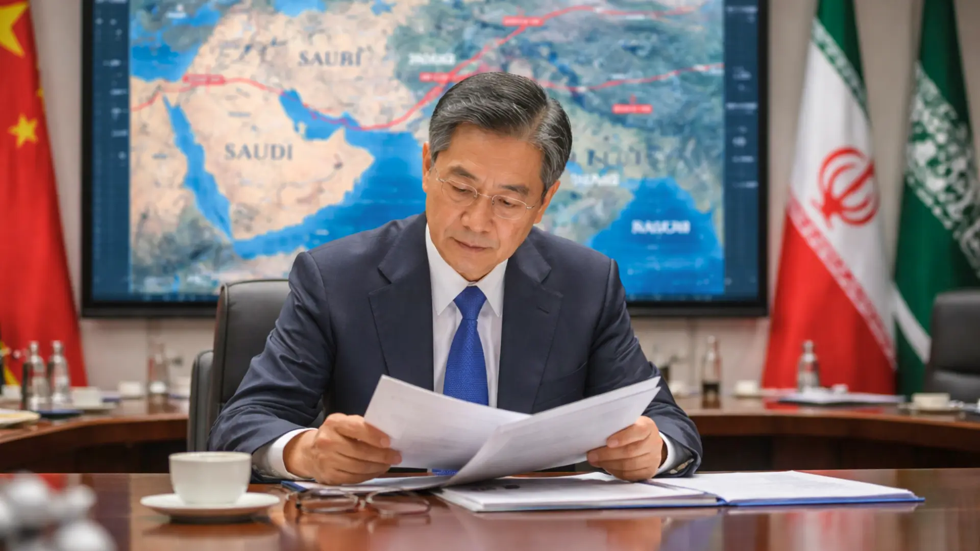 Responsable chinois lisant des documents devant une carte du Moyen-Orient avec drapeaux chinois et iranien