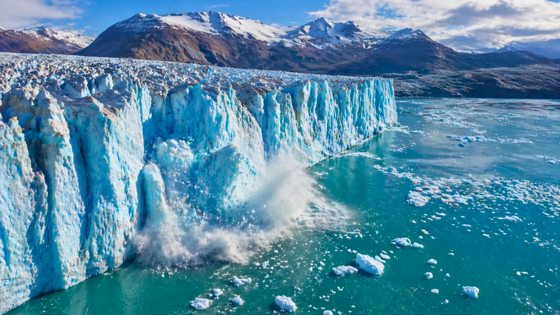 Chute massive de glace d’un glacier dans l’océan illustrant la fonte accélérée due au réchauffement climatique