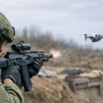 Soldat tirant avec un fusil AK-12 sur un drone en vol dans un environnement de guerre