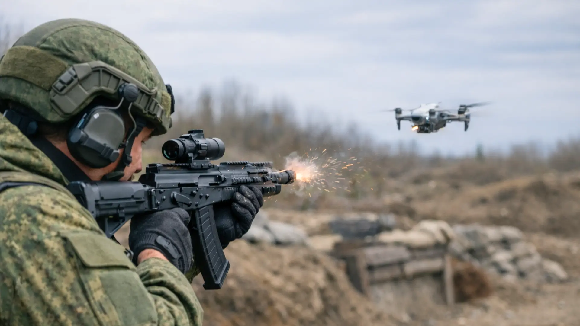 Soldat tirant avec un fusil AK-12 sur un drone en vol dans un environnement de guerre