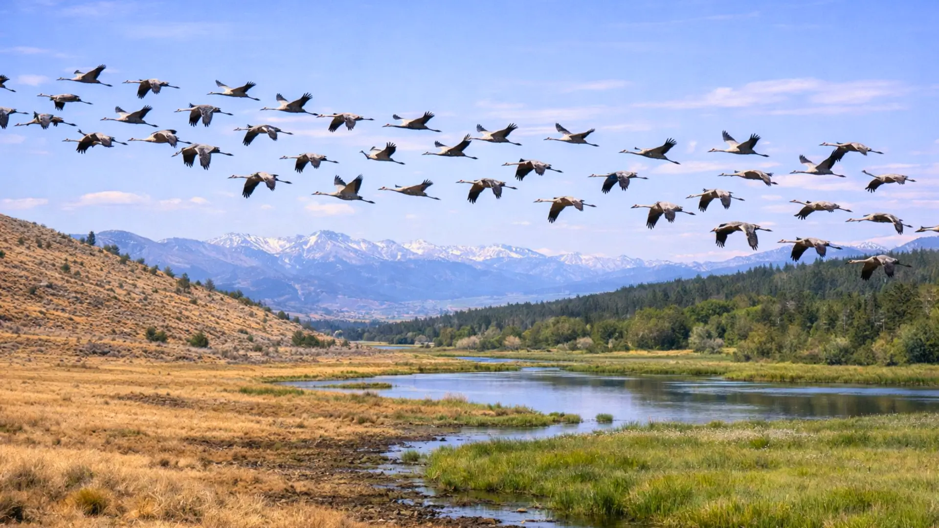 Groupe d’oiseaux migrateurs en vol au-dessus d’une rivière et d’un paysage montagneux