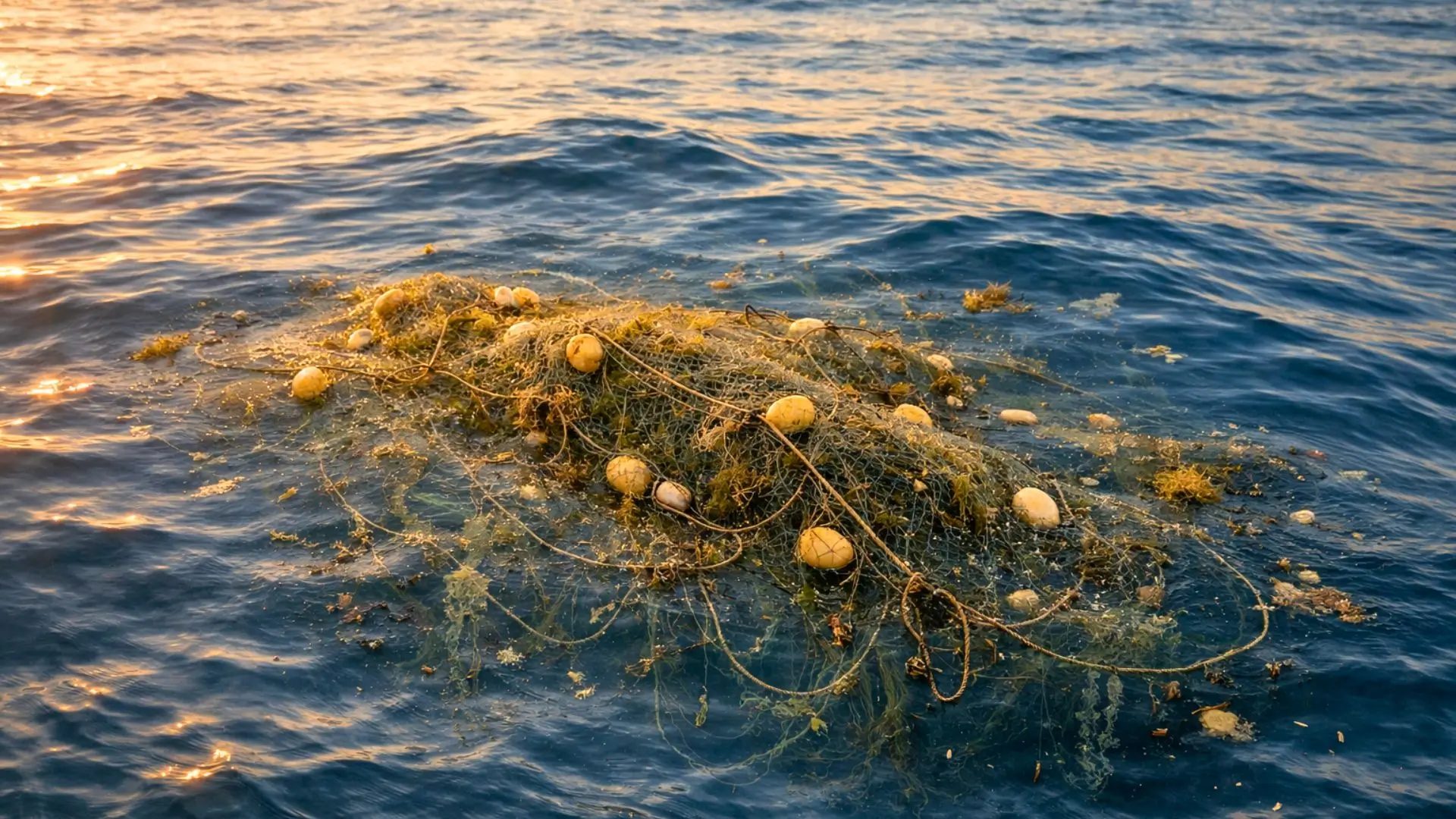 Un amas de filets de pêche abandonnés flotte juste sous la surface d’un océan bleu, à la lumière dorée du soir.