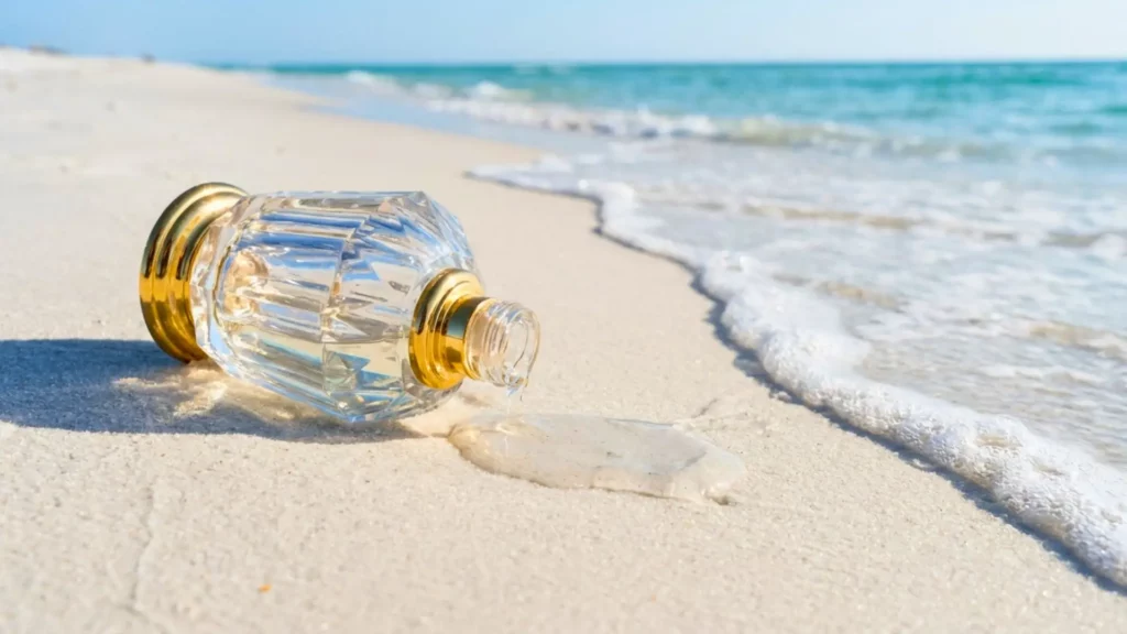 Un flacon de parfum vide en verre ciselé avec des détails dorés est allongé sur le sable blanc, une petite flaque d'eau ou de liquide s'écoulant du goulot vers l'écume de l'océan turquoise.