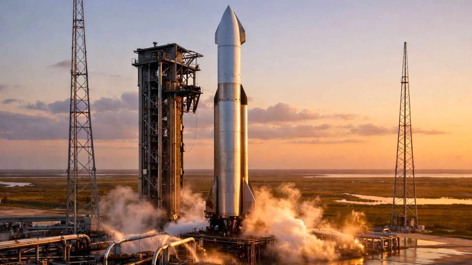 Une grande fusée blanche et argentée se dresse sur un pas de tir au crépuscule, entourée de structures métalliques et de vapeur.