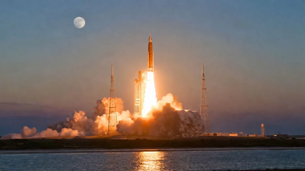 Une immense fusée de mission lunaire décolle au crépuscule depuis une base côtière, avec un épais panache d’échappement au sol et la Lune visible dans le ciel.