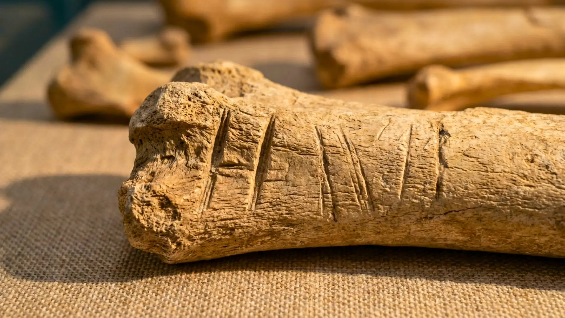 Gros plan extrême sur un fragment d'os fossilisé beige, montrant des marques de découpe profondes et des stries d'outils parallèles sur sa surface texturée, posé sur une toile de lin.