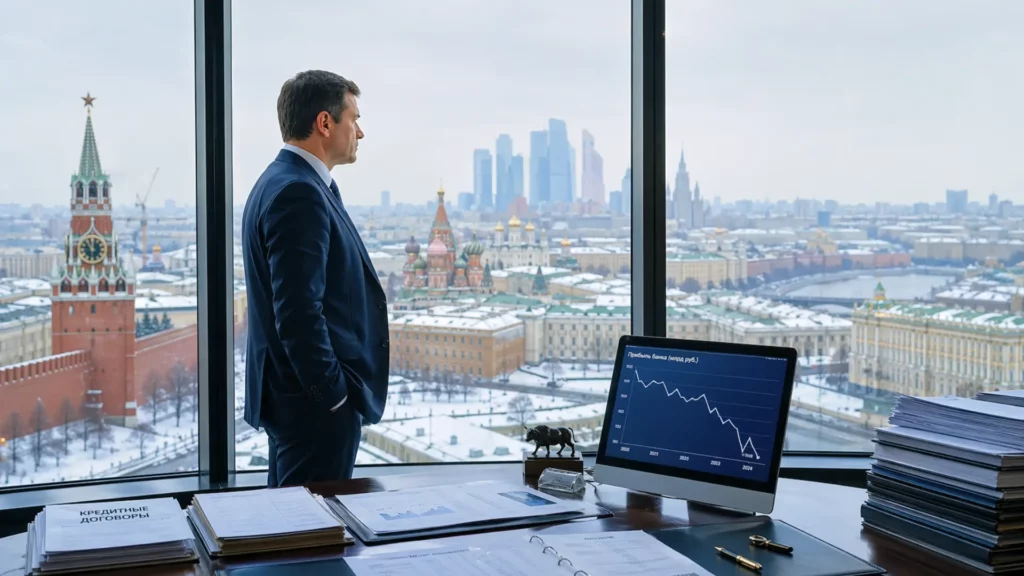 Banquier dans un bureau moderne à Moscou observant la ville avec des graphiques financiers en baisse à l’écran