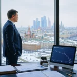 Banquier dans un bureau moderne à Moscou observant la ville avec des graphiques financiers en baisse à l’écran