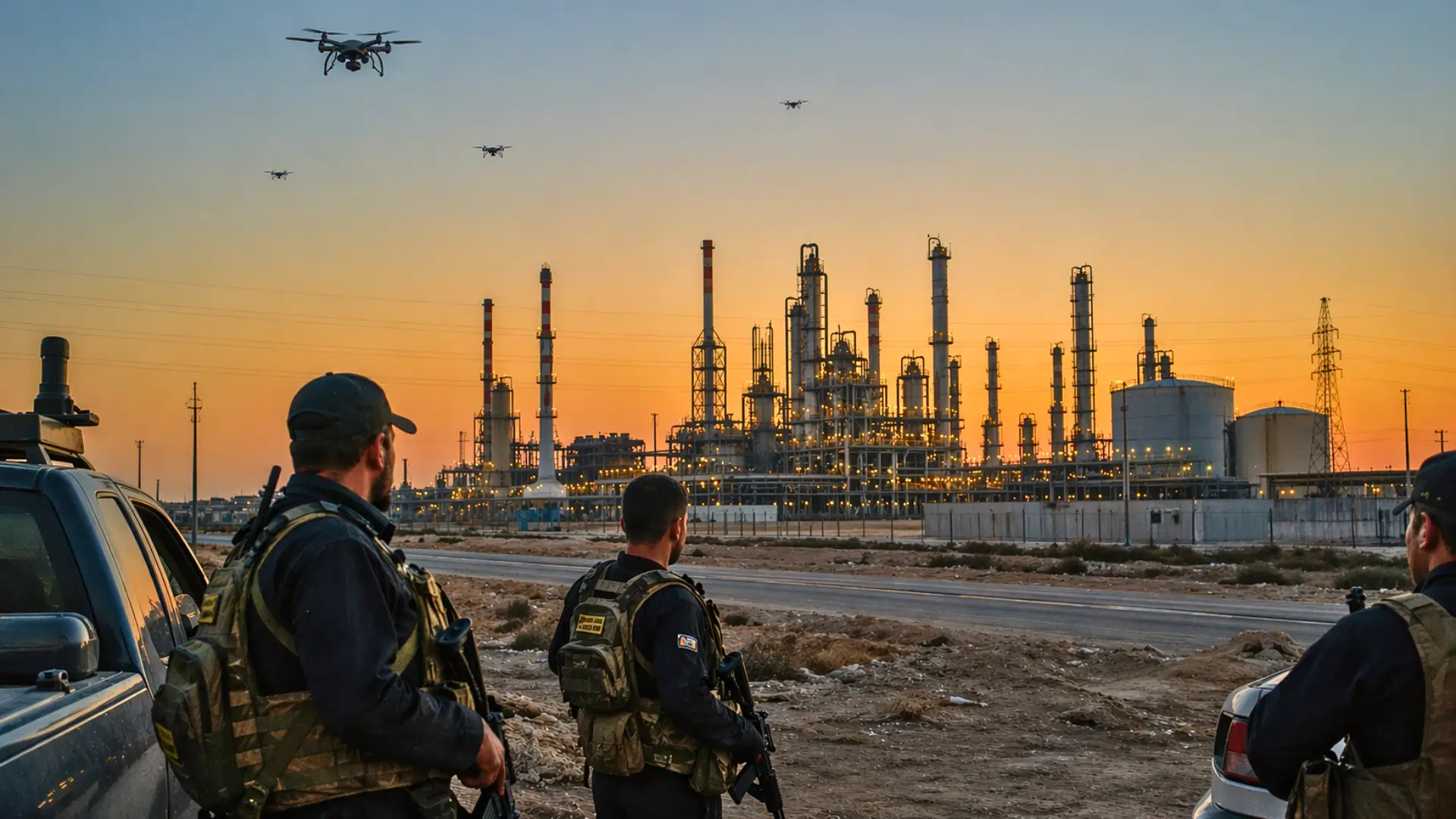 Miliciens observant une raffinerie en Irak avec des drones militaires dans le ciel au coucher du soleil
