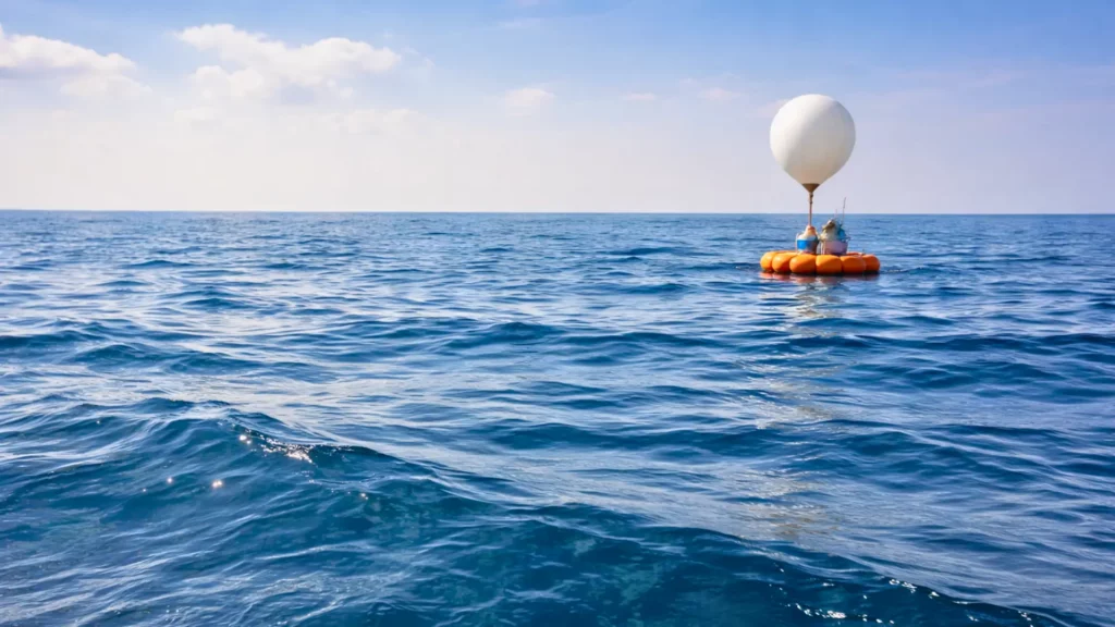Ballon météorologique flottant sur l’océan pour étudier les échanges de CO₂ à la surface marine