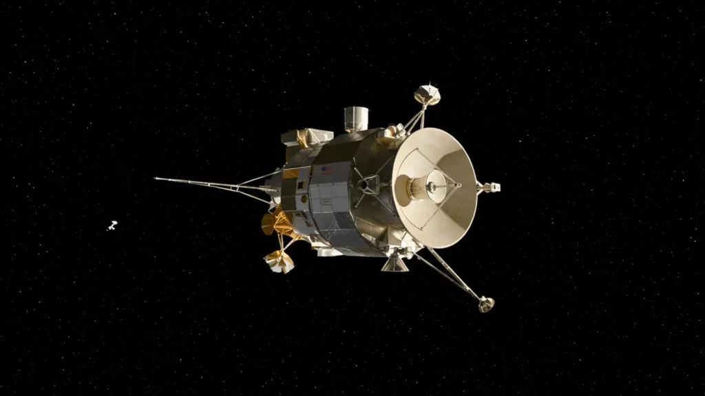 Sonde Voyager 1 de la NASA flottant dans l’espace profond avec son antenne parabolique face aux étoiles