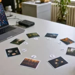 Vue en plongée d’un bureau de laboratoire en sciences cognitives avec des cartes images disposées en cercle autour de marqueurs numérotés, à côté d’un ordinateur portable.