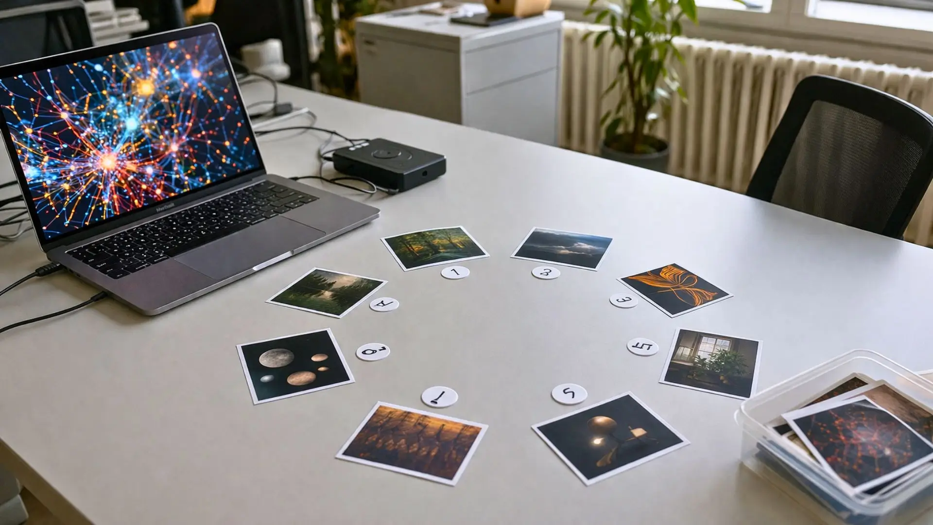 Vue en plongée d’un bureau de laboratoire en sciences cognitives avec des cartes images disposées en cercle autour de marqueurs numérotés, à côté d’un ordinateur portable.
