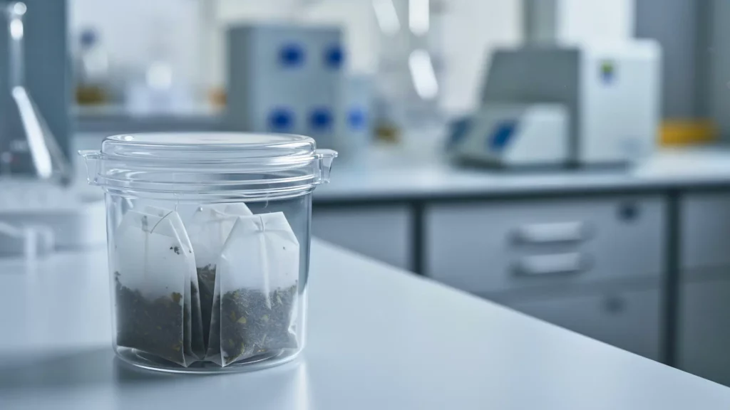 Sachets de thé non ouverts placés dans un récipient en laboratoire pour analyse scientifique