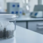 Sachets de thé non ouverts placés dans un récipient en laboratoire pour analyse scientifique