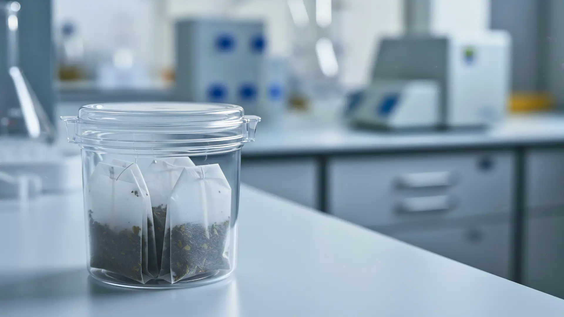 Sachets de thé non ouverts placés dans un récipient en laboratoire pour analyse scientifique