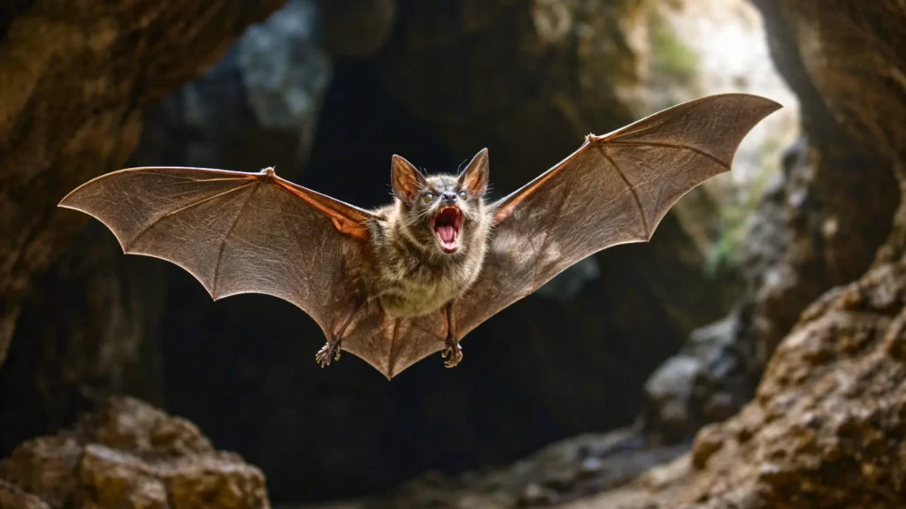 Chauve-souris en vol dans une grotte, bouche ouverte, illustrant un comportement de mimétisme sonore