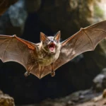Chauve-souris en vol dans une grotte, bouche ouverte, illustrant un comportement de mimétisme sonore