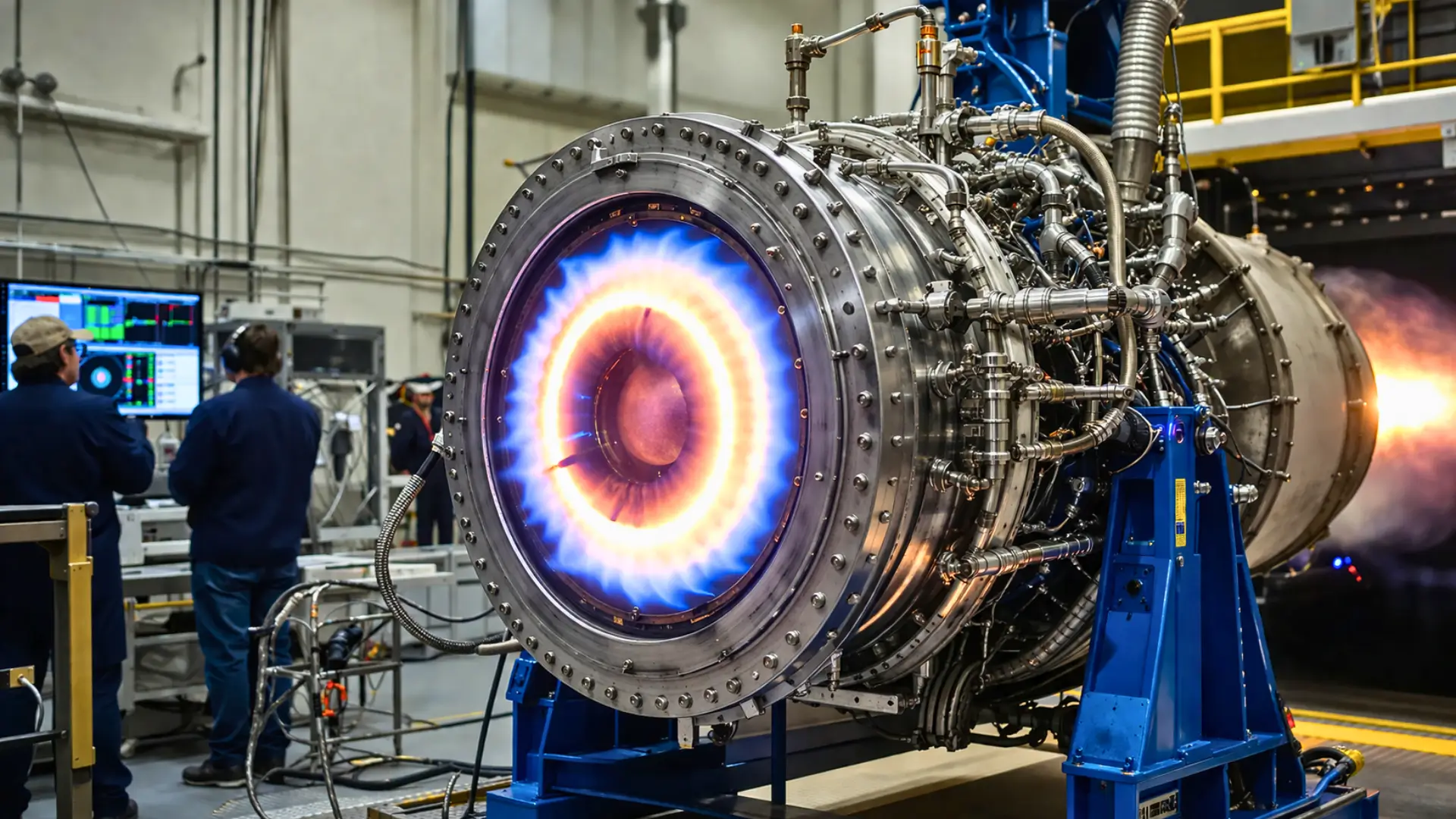 Test d’un moteur-fusée à détonation rotative avec anneau de combustion visible dans un laboratoire aérospatial